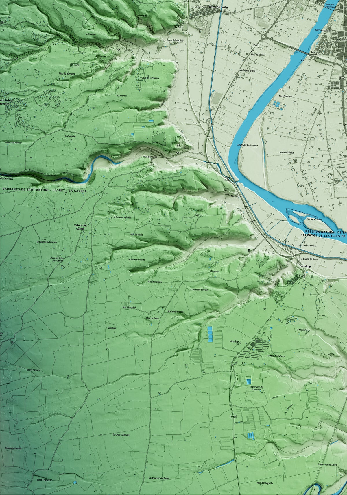 Mapa artístico del relieve de Tortosa, al Baix Ebre, con 15 km de entorno y base topográfica ICGC. Detalle de la zona inferior izquierda.