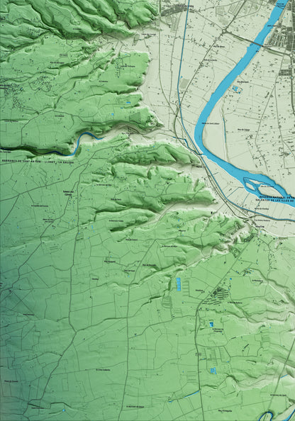 Mapa artístico del relieve de Tortosa, al Baix Ebre, con 15 km de entorno y base topográfica ICGC. Detalle de la zona inferior izquierda.
