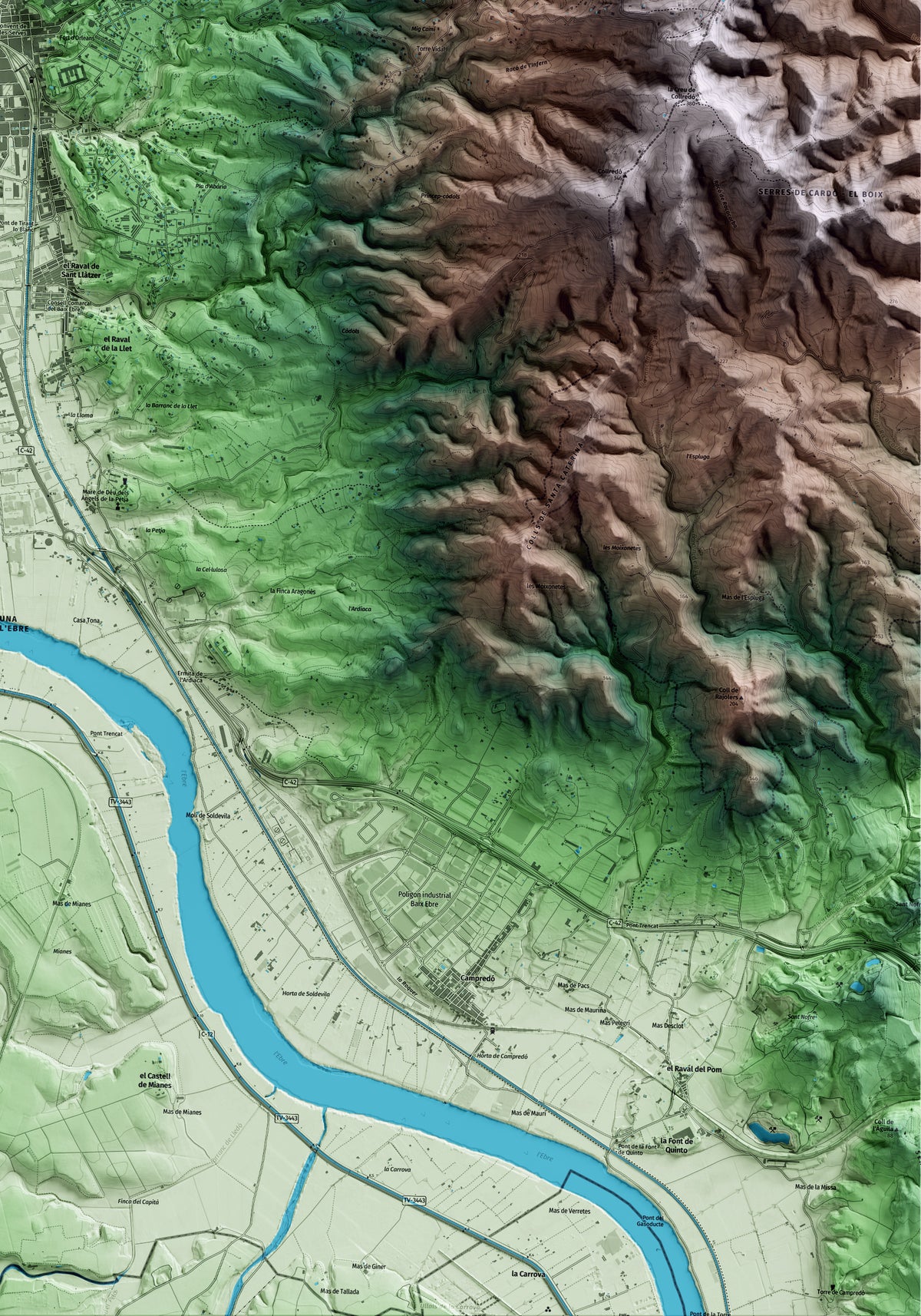 Mapa artístico del relieve de Tortosa, al Baix Ebre, con 15 km de entorno y base topográfica ICGC. Detalle de la zona inferior derecha.