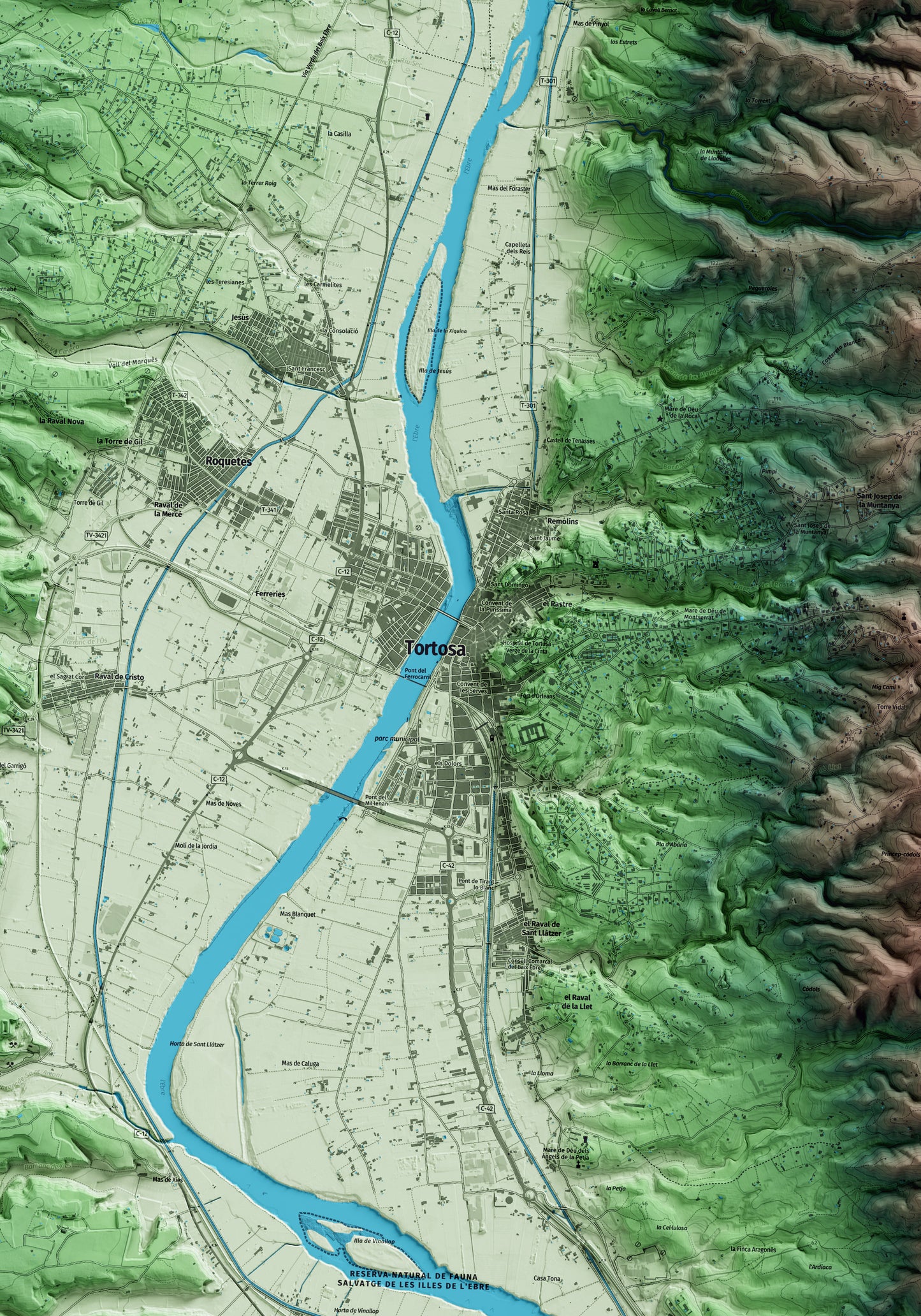 Mapa artístico del relieve de Tortosa, al Baix Ebre, con 15 km de entorno y base topográfica ICGC. Detalle de la zona central.