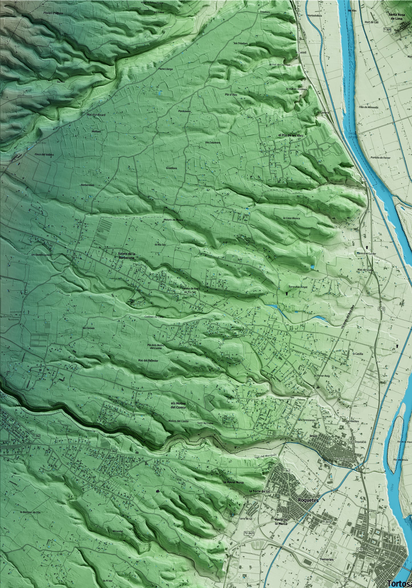 Mapa artístico del relieve de Tortosa, al Baix Ebre, con 15 km de entorno y base topográfica ICGC. Detalle de la zona superior izquierda.