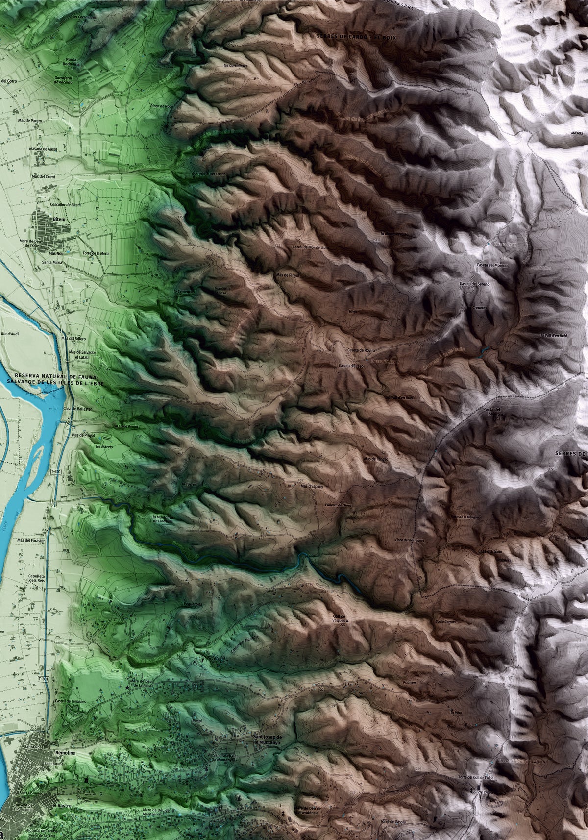 Mapa artístico del relieve de Tortosa, al Baix Ebre, con 15 km de entorno y base topográfica ICGC. Detalle de la zona superior derecha.
