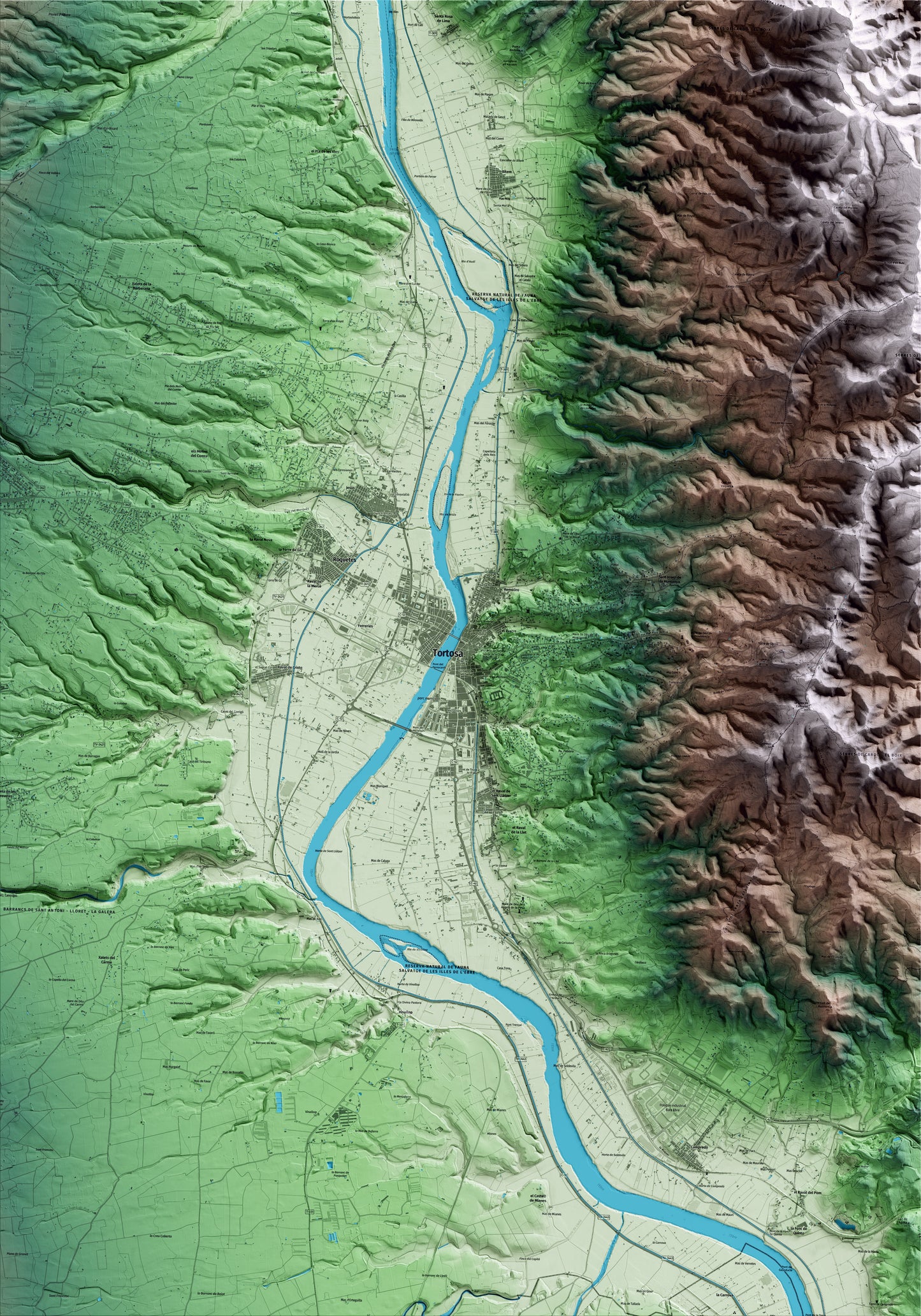 Mapa artístico del relieve de Tortosa, al Baix Ebre, con 15 km de entorno y base topográfica ICGC