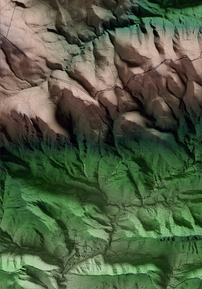 Mapa artístico del relieve de Toses, al Ripollès, con 15 km de entorno y base topográfica ICGC. Detalle de la zona inferior izquierda.