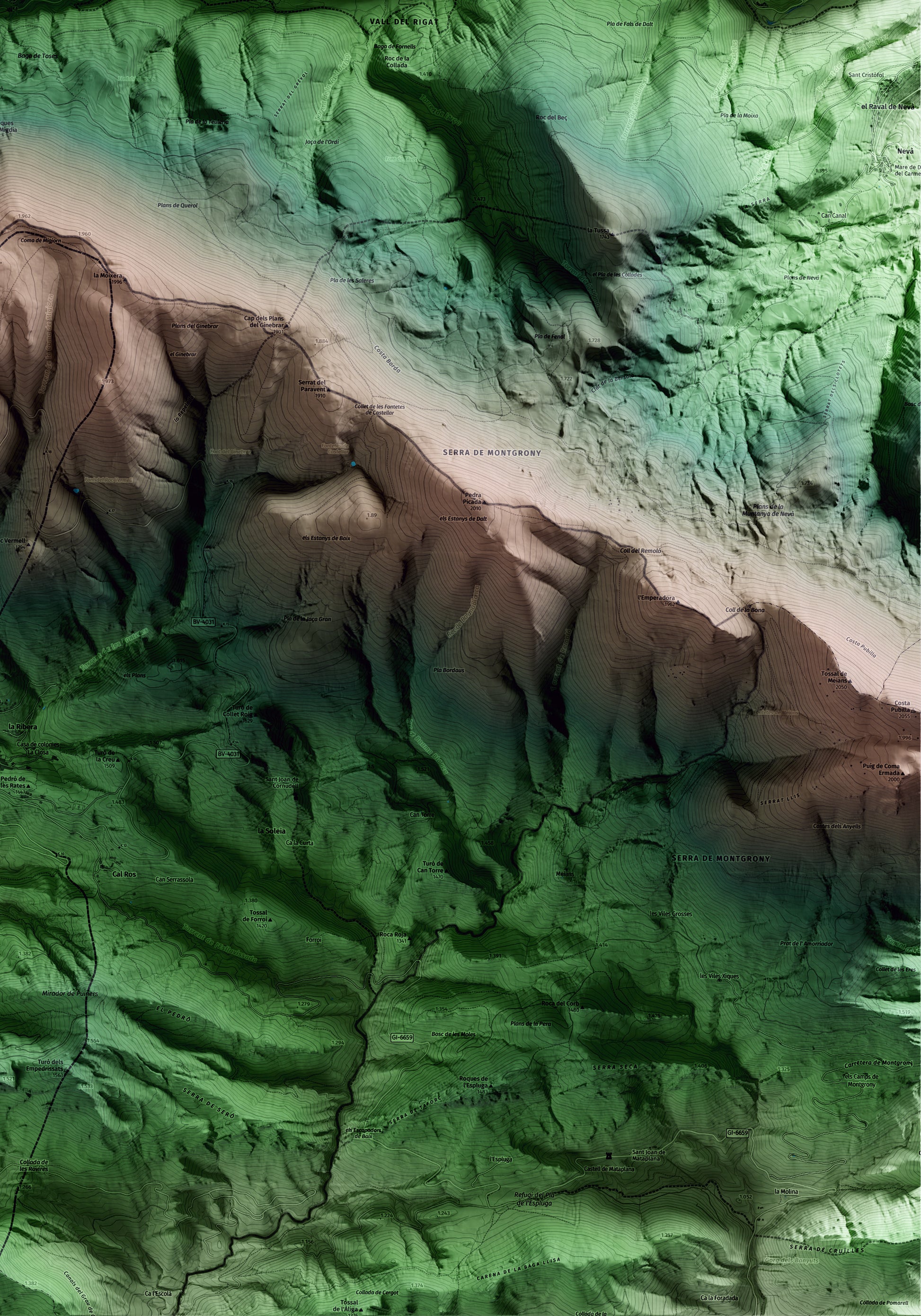 Mapa artístico del relieve de Toses, al Ripollès, con 15 km de entorno y base topográfica ICGC. Detalle de la zona inferior derecha.