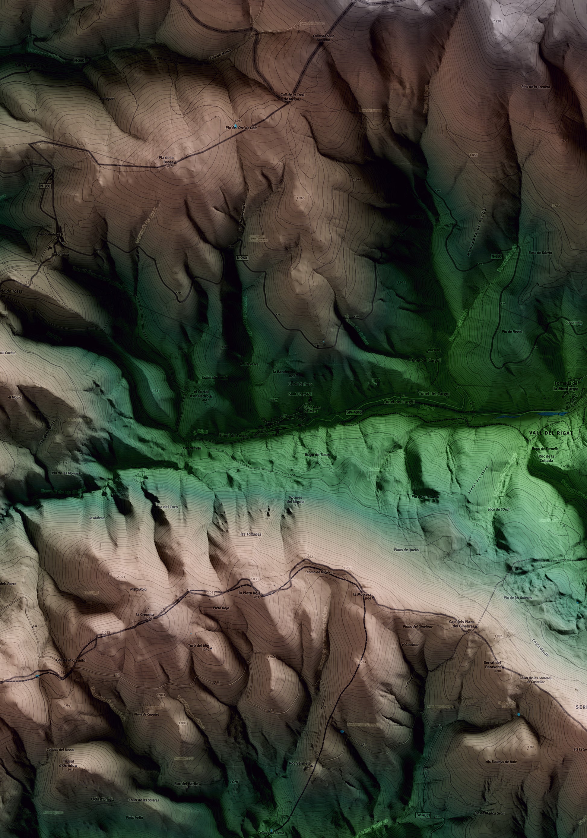 Mapa artístico del relieve de Toses, al Ripollès, con 15 km de entorno y base topográfica ICGC. Detalle de la zona central.