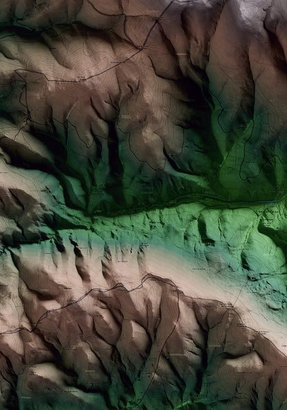 Mapa artístico del relieve de Toses, al Ripollès, con 15 km de entorno y base topográfica ICGC. Detalle de la zona central.