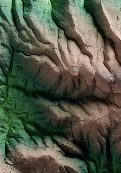 Mapa artístico del relieve de Toses, al Ripollès, con 15 km de entorno y base topográfica ICGC. Detalle de la zona superior izquierda.