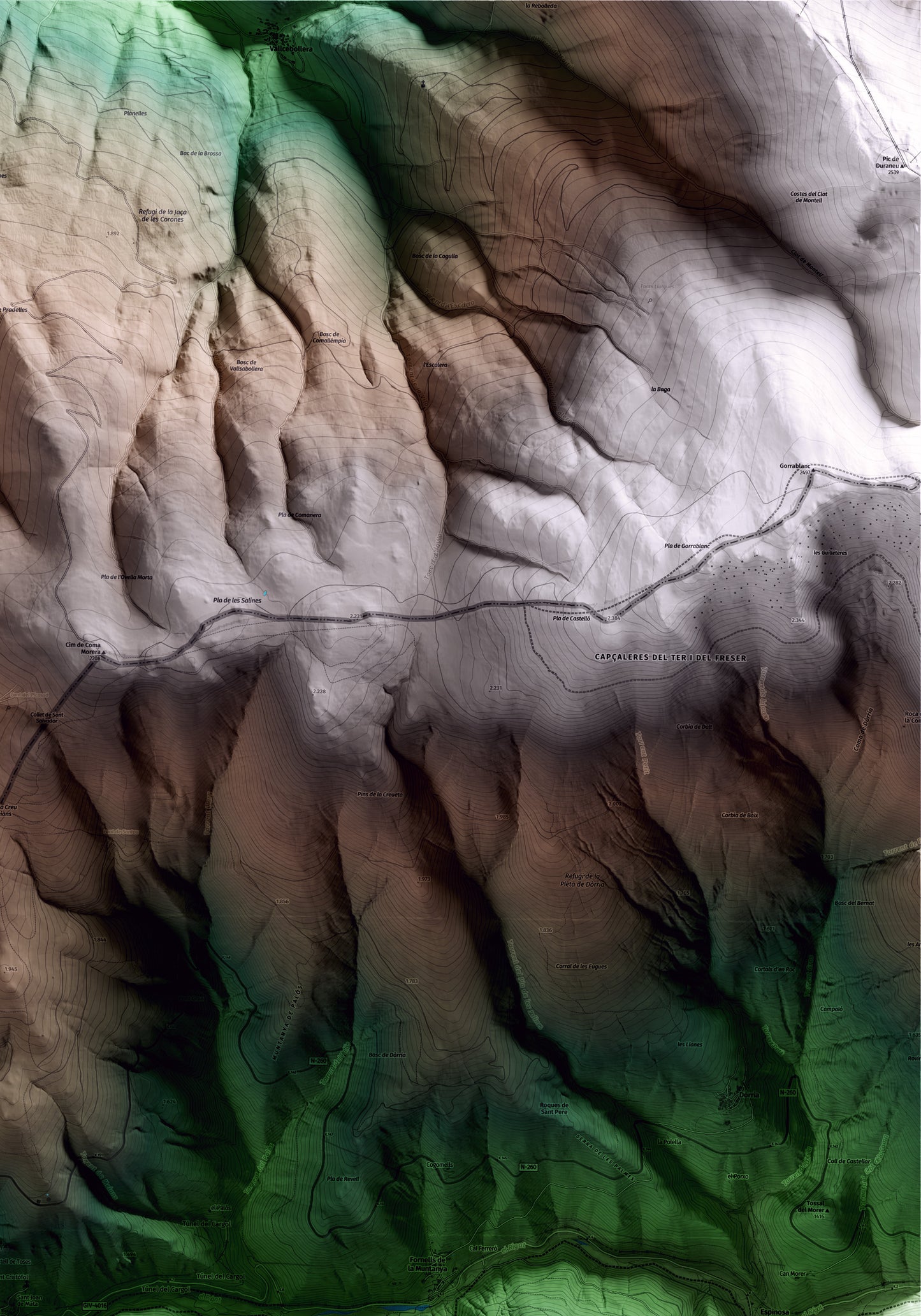 Mapa artístico del relieve de Toses, al Ripollès, con 15 km de entorno y base topográfica ICGC. Detalle de la zona superior derecha.