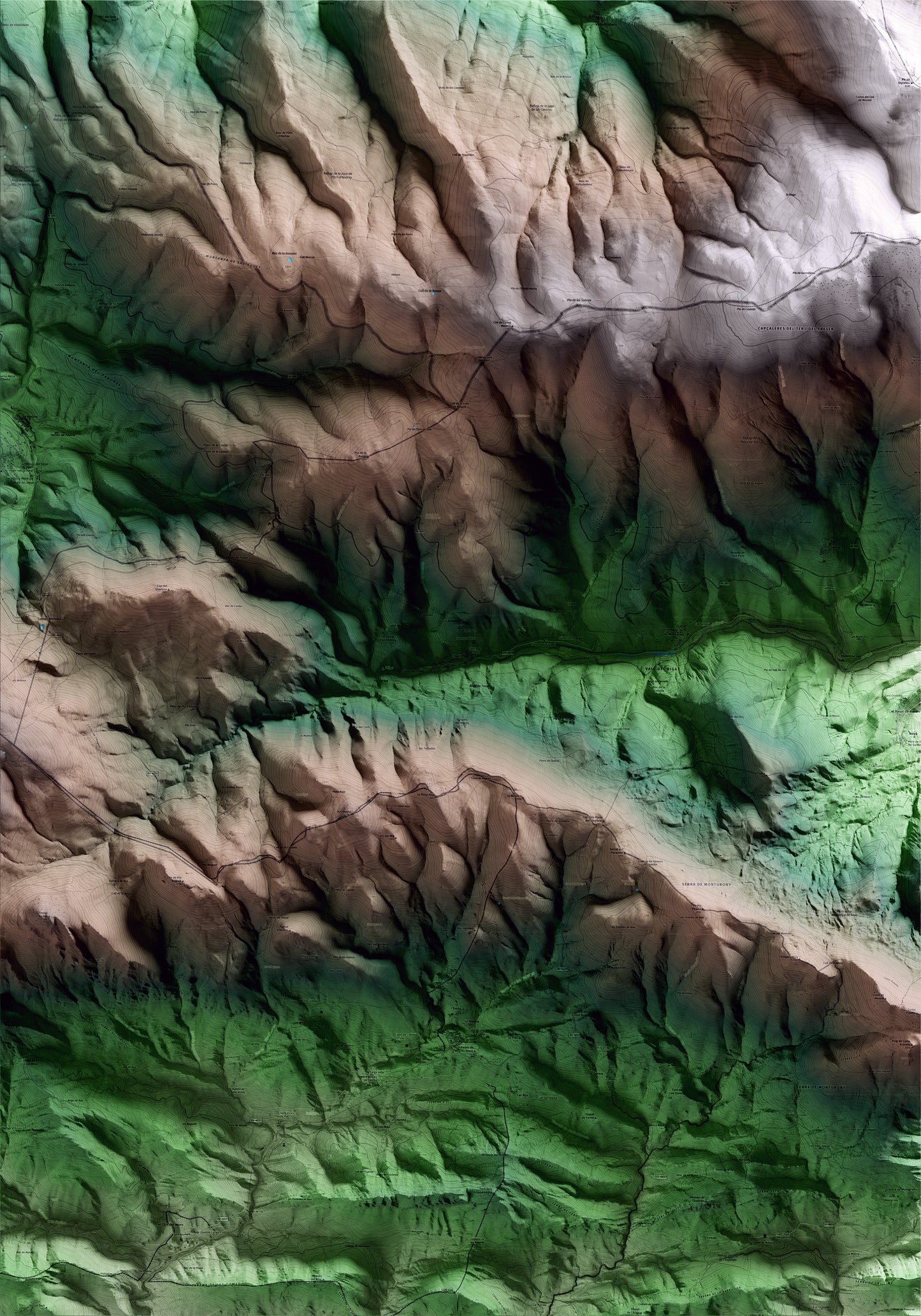 Mapa artístico del relieve de Toses, al Ripollès, con 15 km de entorno y base topográfica ICGC