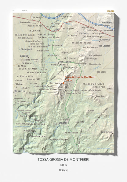 Mapa de relieve de Tossa Grossa de Montferri, 387 m, Alt Camp, lámina 100 Cims de Trobart 21 × 30 cm.