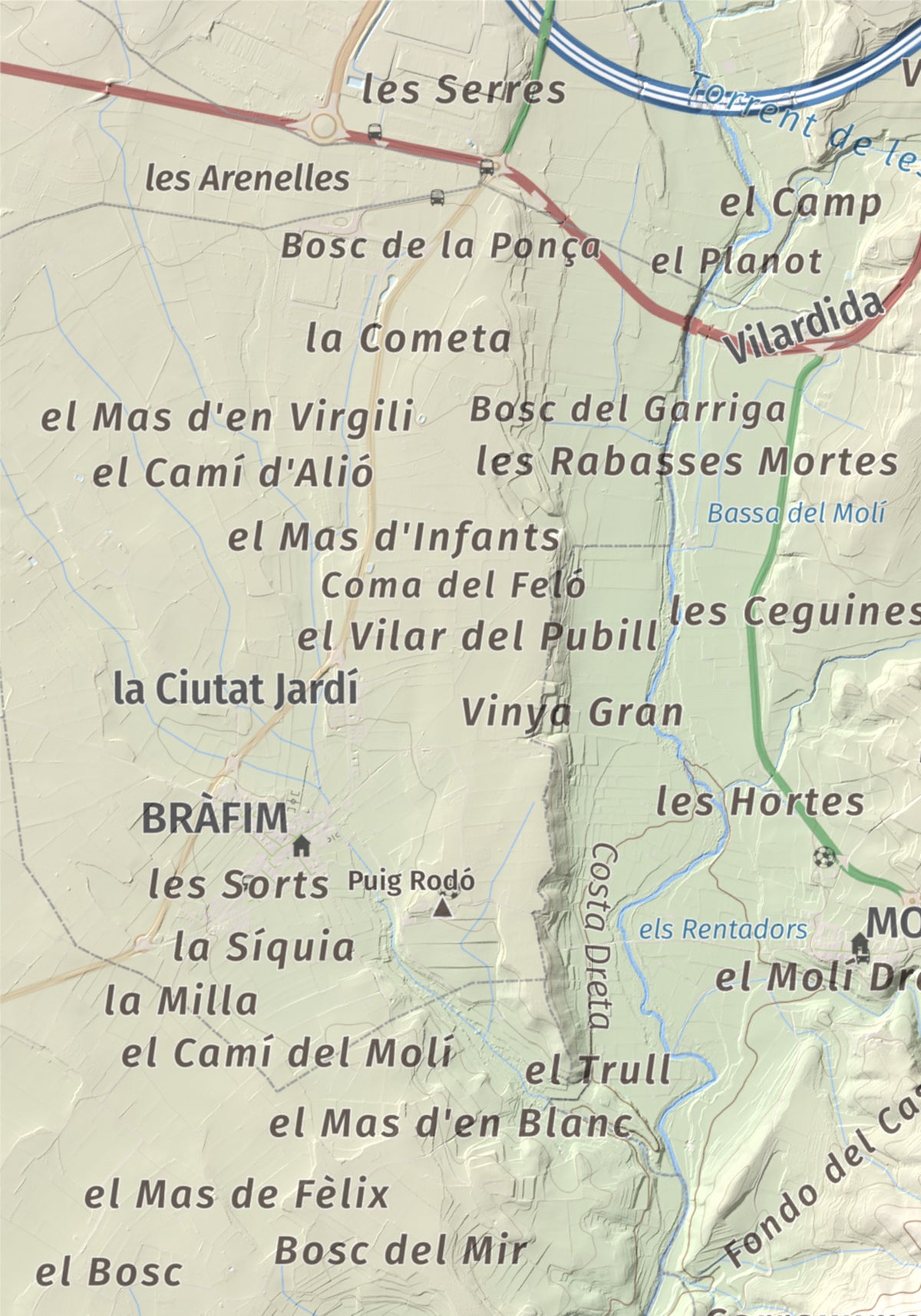 Mapa de relieve de Tossa Grossa de Montferri, 387 m, Alt Camp, lámina 100 Cims de Trobart. Detalle de la zona superior izquierda. 21 × 30 cm.