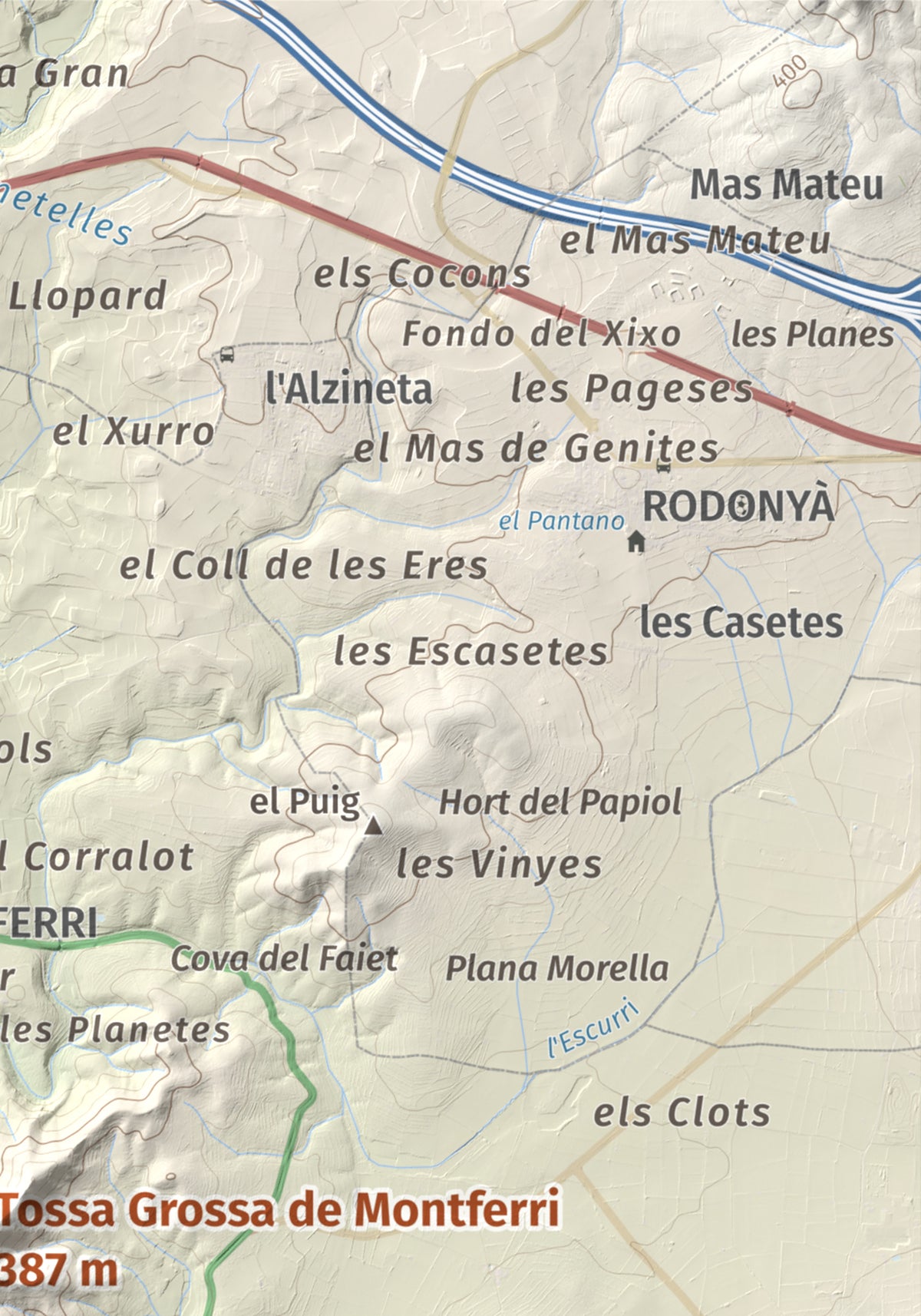 Mapa de relieve de Tossa Grossa de Montferri, 387 m, Alt Camp, lámina 100 Cims de Trobart. Detalle de la zona superior derecha. 21 × 30 cm.
