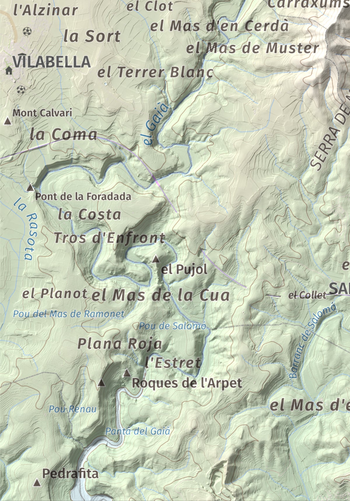 Mapa de relieve de Tossa Grossa de Montferri, 387 m, Alt Camp, lámina 100 Cims de Trobart. Detalle de la zona inferior izquierda. 21 × 30 cm.