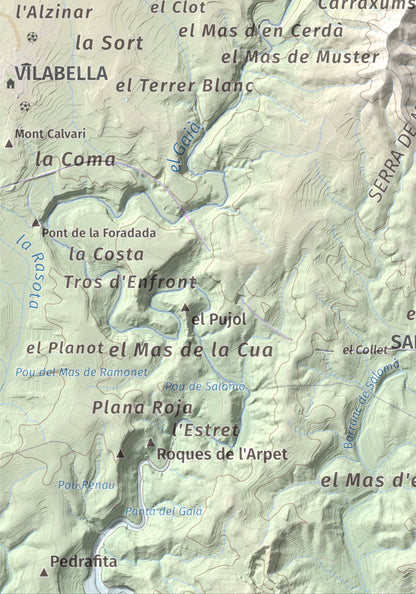 Mapa de relieve de Tossa Grossa de Montferri, 387 m, Alt Camp, lámina 100 Cims de Trobart. Detalle de la zona inferior izquierda. 21 × 30 cm.
