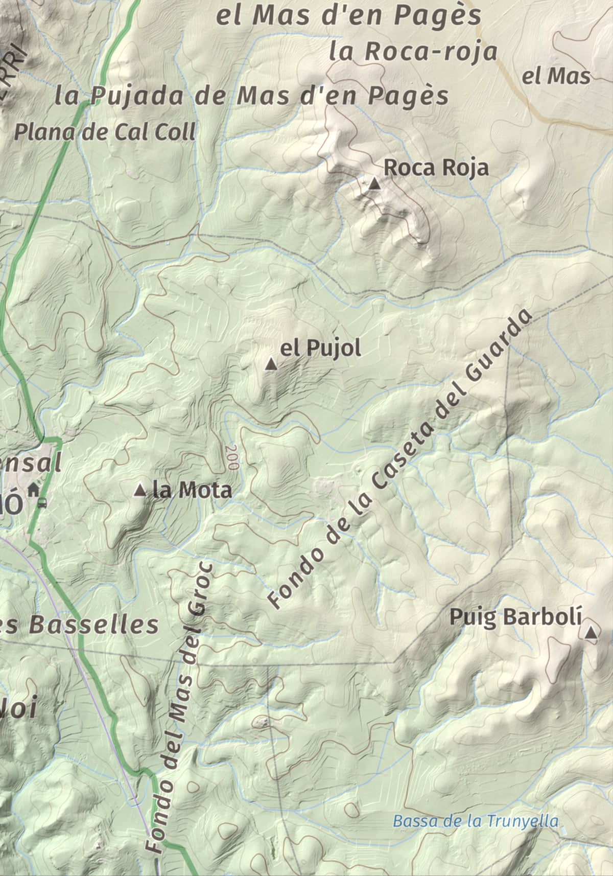 Mapa de relieve de Tossa Grossa de Montferri, 387 m, Alt Camp, lámina 100 Cims de Trobart. Detalle de la zona inferior derecha. 21 × 30 cm.
