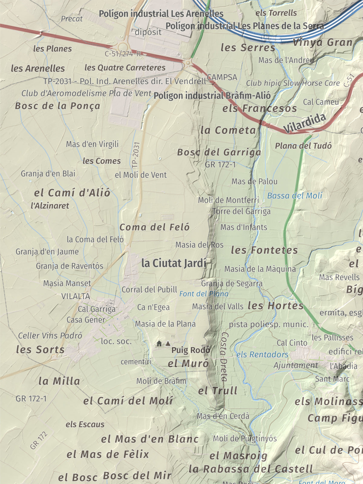 Mapa de relieve de Tossa Grossa de Montferri, 387 m, Alt Camp, lámina 100 Cims de Trobart. Detalle de la zona superior izquierda. 30 × 40 cm.