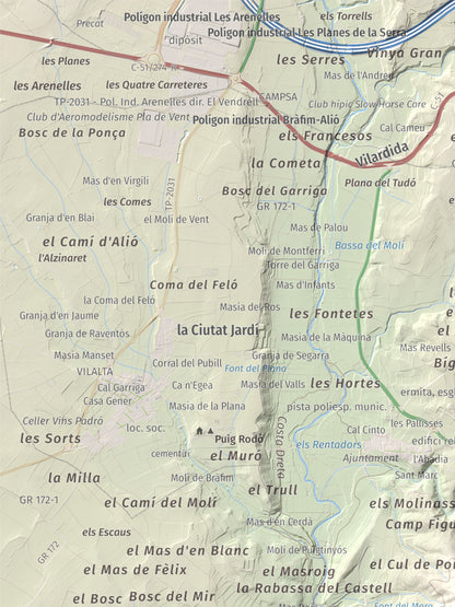 Mapa de relieve de Tossa Grossa de Montferri, 387 m, Alt Camp, lámina 100 Cims de Trobart. Detalle de la zona superior izquierda. 30 × 40 cm.