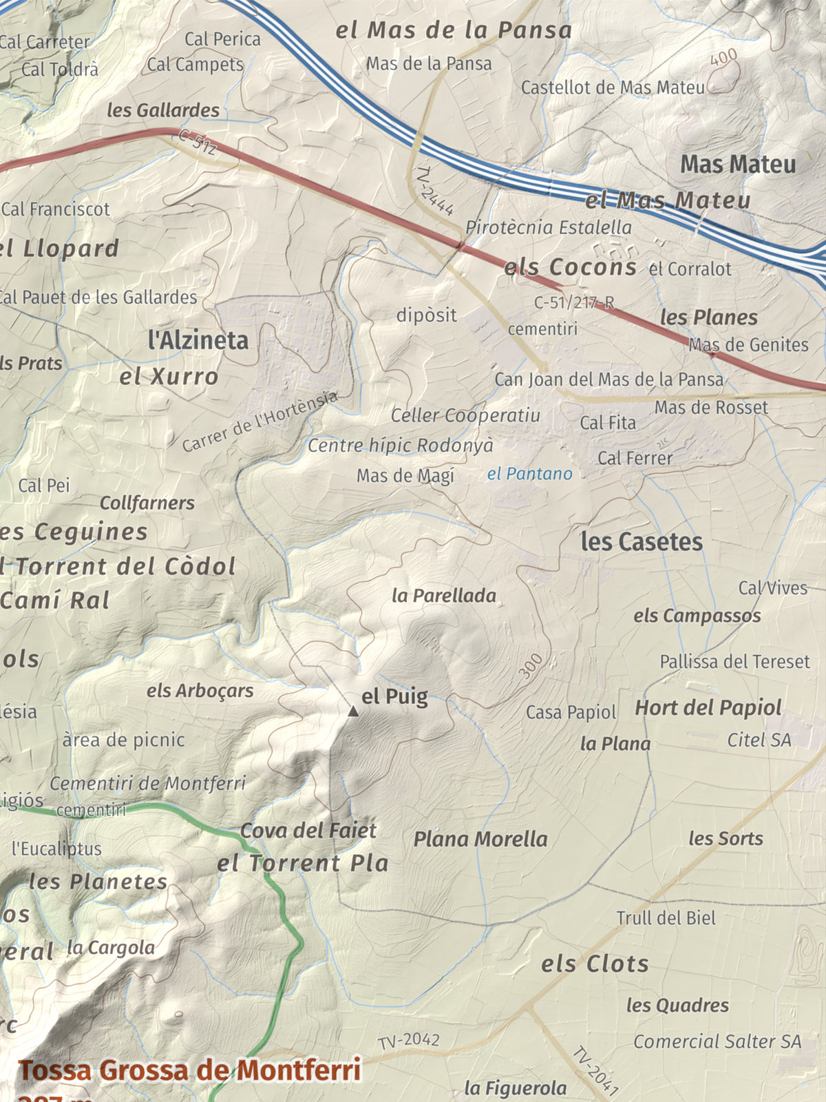 Mapa de relieve de Tossa Grossa de Montferri, 387 m, Alt Camp, lámina 100 Cims de Trobart. Detalle de la zona superior derecha. 30 × 40 cm.