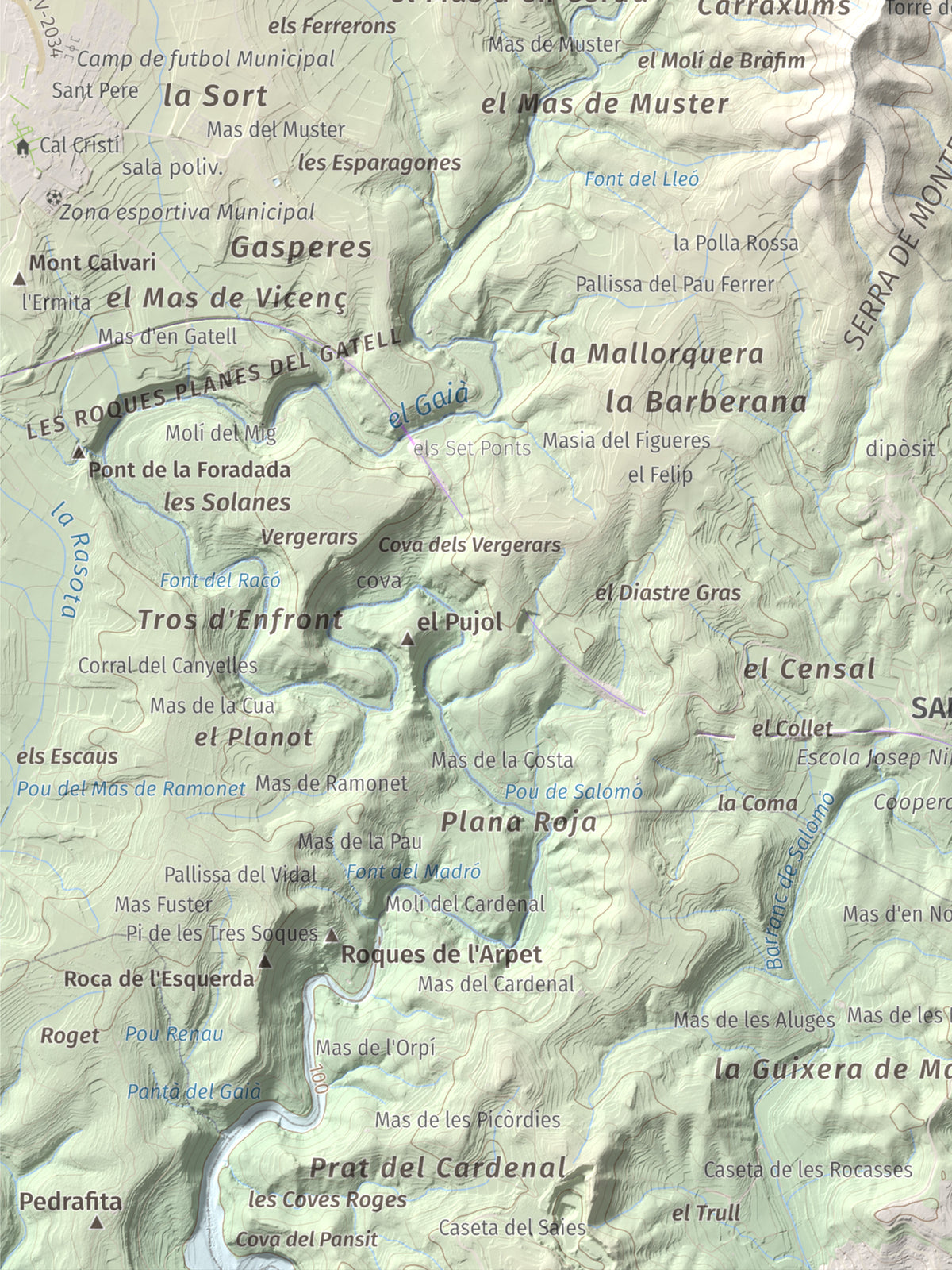 Mapa de relieve de Tossa Grossa de Montferri, 387 m, Alt Camp, lámina 100 Cims de Trobart. Detalle de la zona inferior izquierda. 30 × 40 cm.