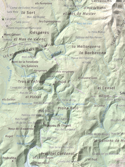 Mapa de relieve de Tossa Grossa de Montferri, 387 m, Alt Camp, lámina 100 Cims de Trobart. Detalle de la zona inferior izquierda. 30 × 40 cm.