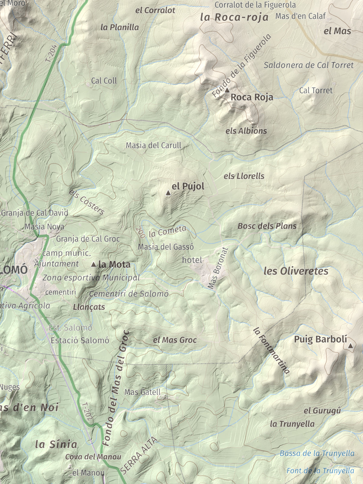 Mapa de relieve de Tossa Grossa de Montferri, 387 m, Alt Camp, lámina 100 Cims de Trobart. Detalle de la zona inferior derecha. 30 × 40 cm.