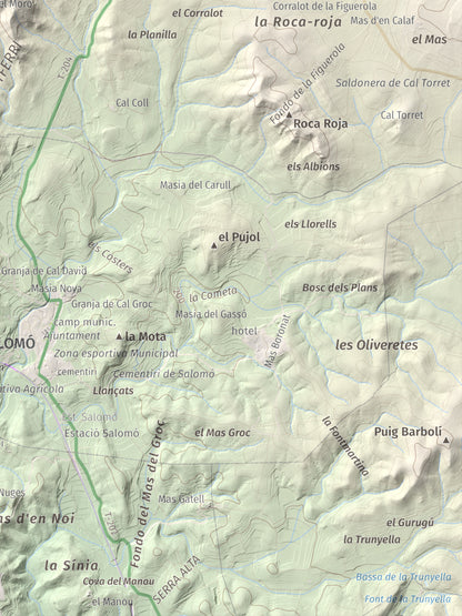 Mapa de relieve de Tossa Grossa de Montferri, 387 m, Alt Camp, lámina 100 Cims de Trobart. Detalle de la zona inferior derecha. 30 × 40 cm.