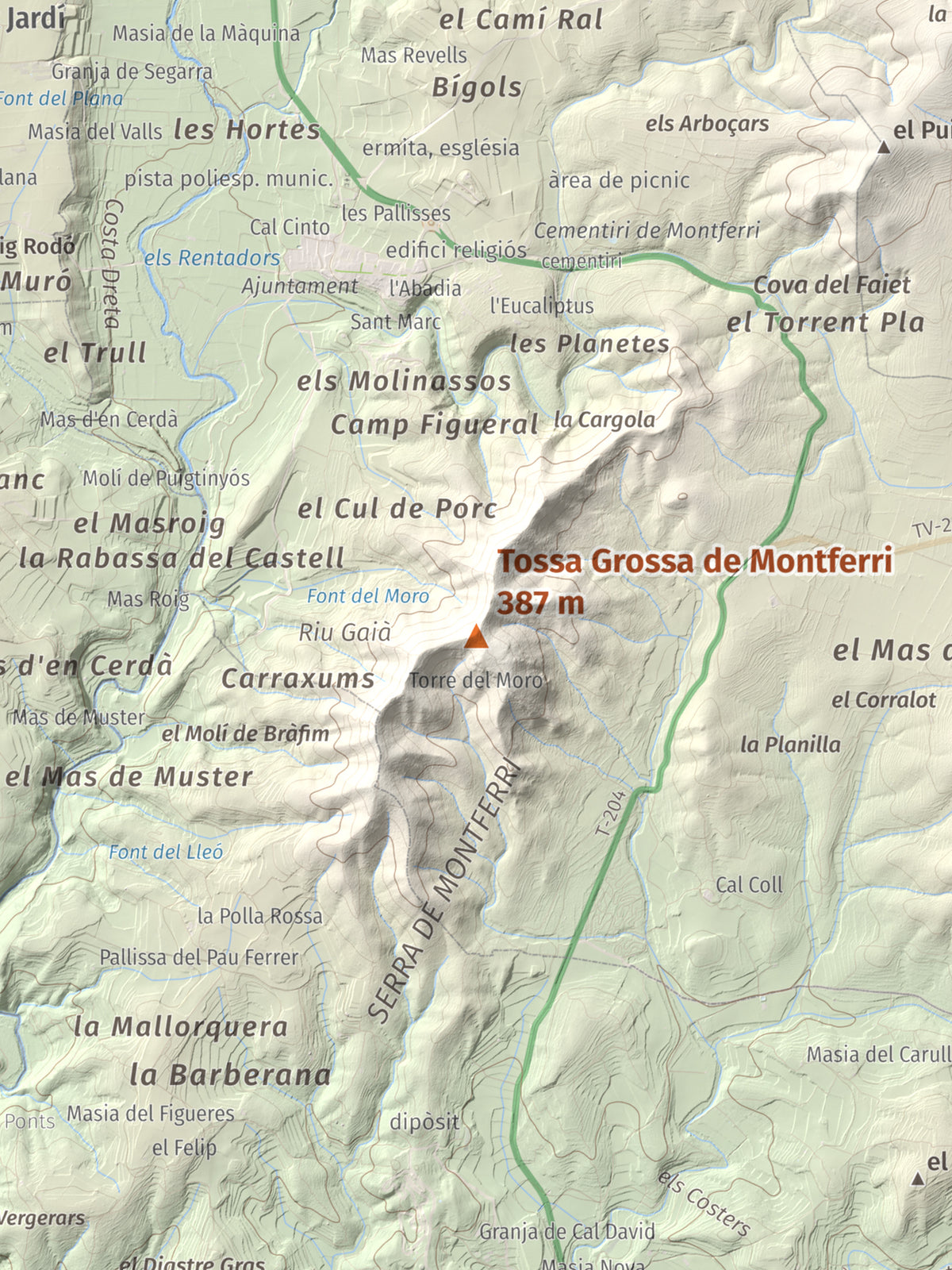 Mapa de relieve de Tossa Grossa de Montferri, 387 m, Alt Camp, lámina 100 Cims de Trobart. Detalle de la zona central. 30 × 40 cm.
