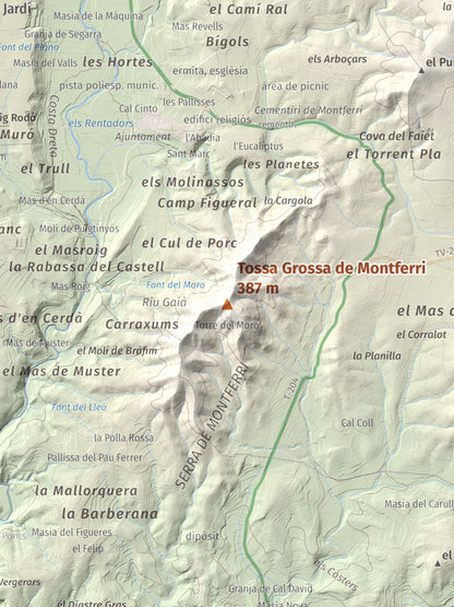 Mapa de relieve de Tossa Grossa de Montferri, 387 m, Alt Camp, lámina 100 Cims de Trobart. Detalle de la zona central. 30 × 40 cm.