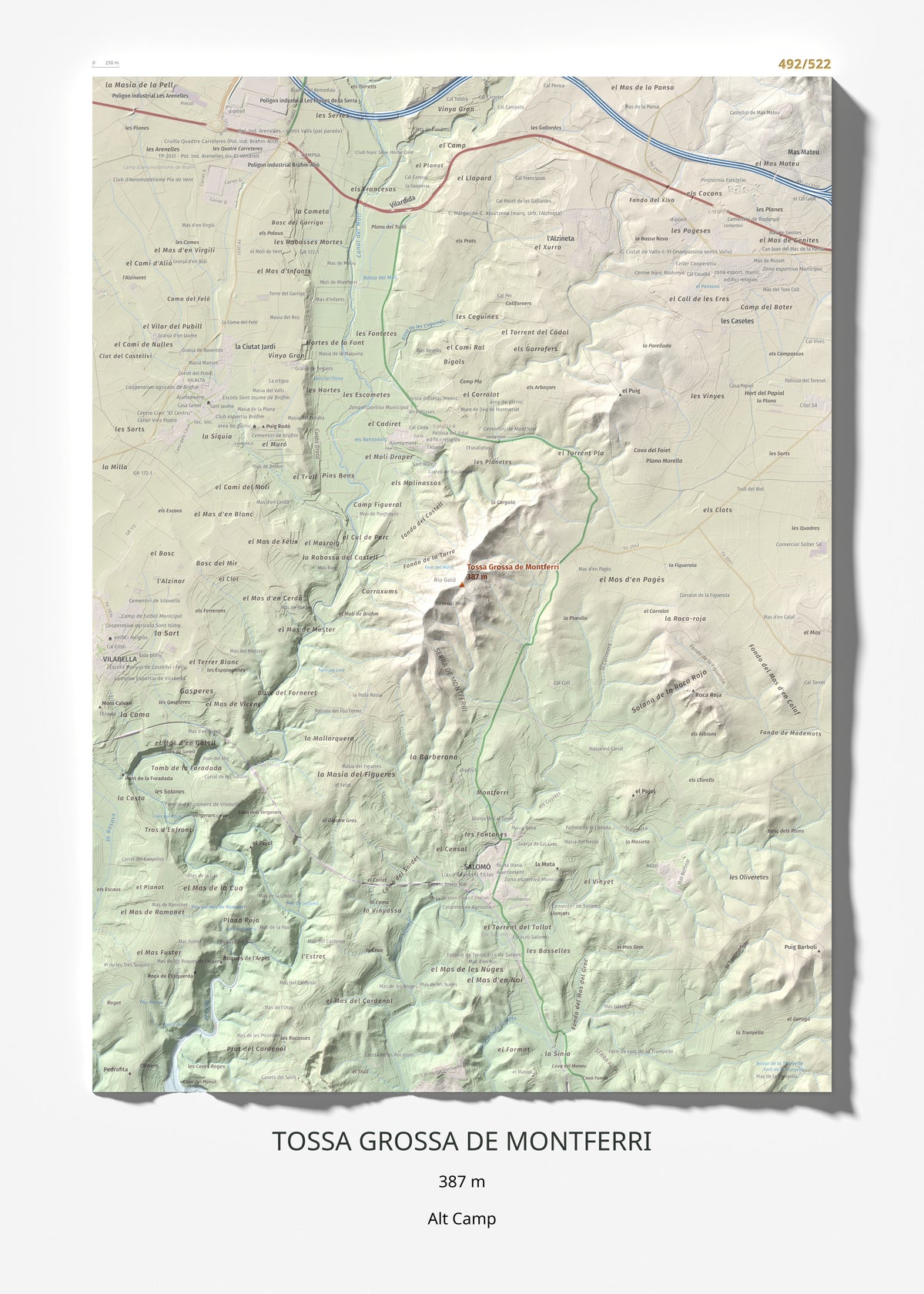 Mapa de relieve de Tossa Grossa de Montferri, 387 m, Alt Camp, lámina 100 Cims de Trobart 50 × 70 cm.