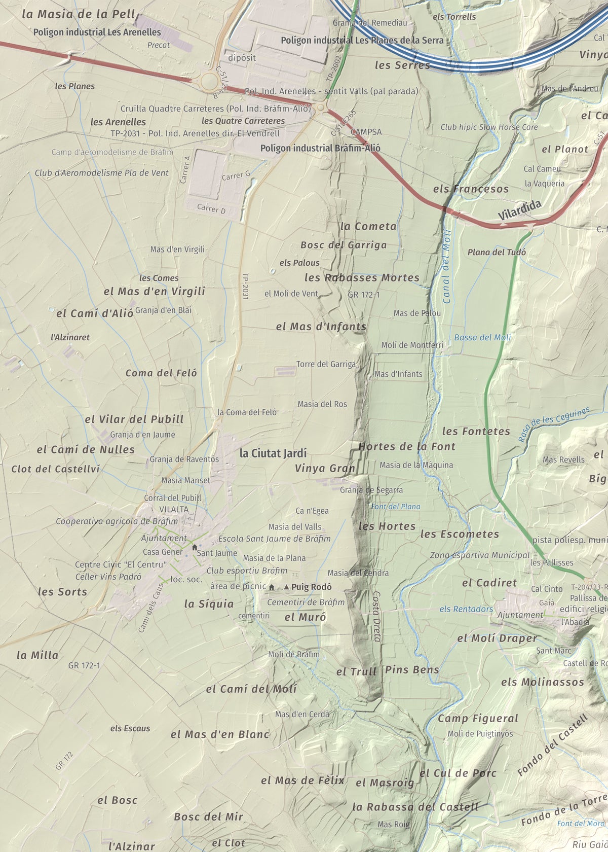 Mapa de relieve de Tossa Grossa de Montferri, 387 m, Alt Camp, lámina 100 Cims de Trobart. Detalle de la zona superior izquierda. 50 × 70 cm.