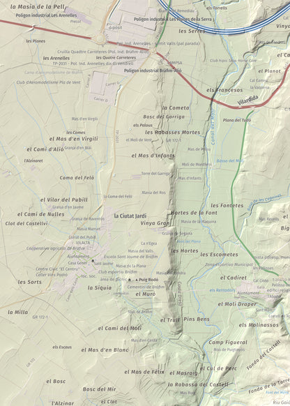 Mapa de relieve de Tossa Grossa de Montferri, 387 m, Alt Camp, lámina 100 Cims de Trobart. Detalle de la zona superior izquierda. 50 × 70 cm.