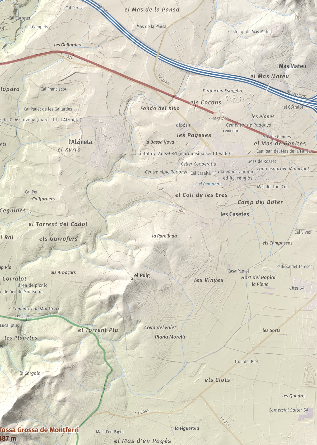 Mapa de relieve de Tossa Grossa de Montferri, 387 m, Alt Camp, lámina 100 Cims de Trobart. Detalle de la zona superior derecha. 50 × 70 cm.
