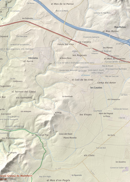 Mapa de relieve de Tossa Grossa de Montferri, 387 m, Alt Camp, lámina 100 Cims de Trobart. Detalle de la zona superior derecha. 50 × 70 cm.
