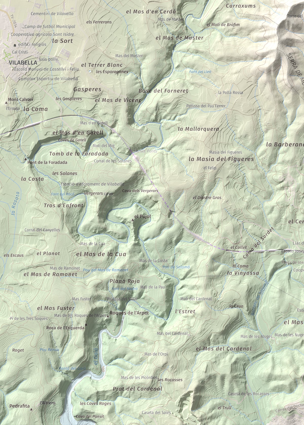 Mapa de relieve de Tossa Grossa de Montferri, 387 m, Alt Camp, lámina 100 Cims de Trobart. Detalle de la zona inferior izquierda. 50 × 70 cm.
