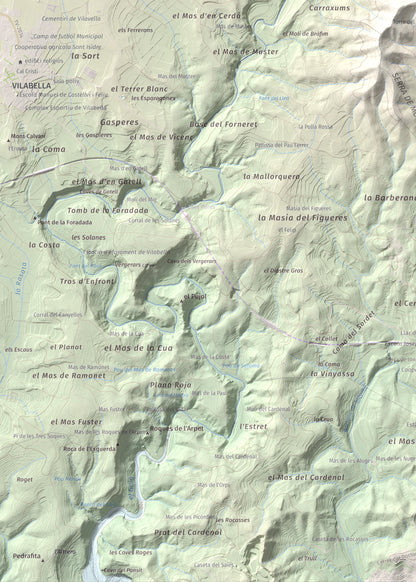 Mapa de relieve de Tossa Grossa de Montferri, 387 m, Alt Camp, lámina 100 Cims de Trobart. Detalle de la zona inferior izquierda. 50 × 70 cm.