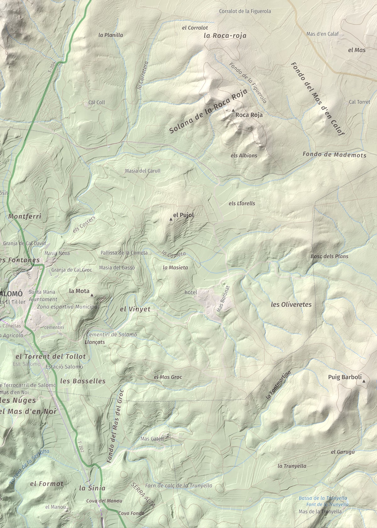 Mapa de relieve de Tossa Grossa de Montferri, 387 m, Alt Camp, lámina 100 Cims de Trobart. Detalle de la zona inferior derecha. 50 × 70 cm.
