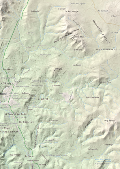 Mapa de relieve de Tossa Grossa de Montferri, 387 m, Alt Camp, lámina 100 Cims de Trobart. Detalle de la zona inferior derecha. 50 × 70 cm.