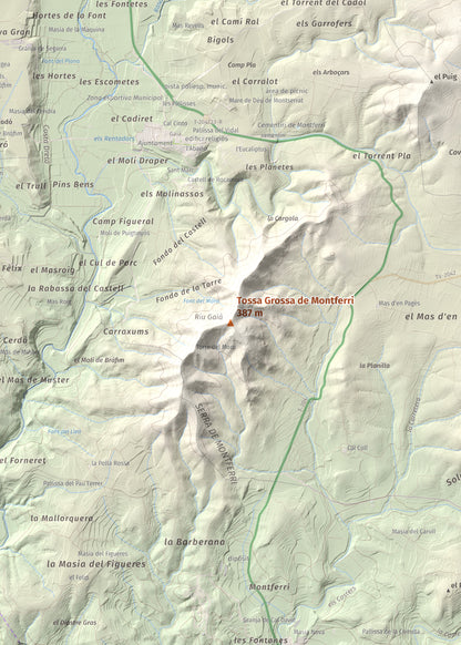 Mapa de relieve de Tossa Grossa de Montferri, 387 m, Alt Camp, lámina 100 Cims de Trobart. Detalle de la zona central. 50 × 70 cm.