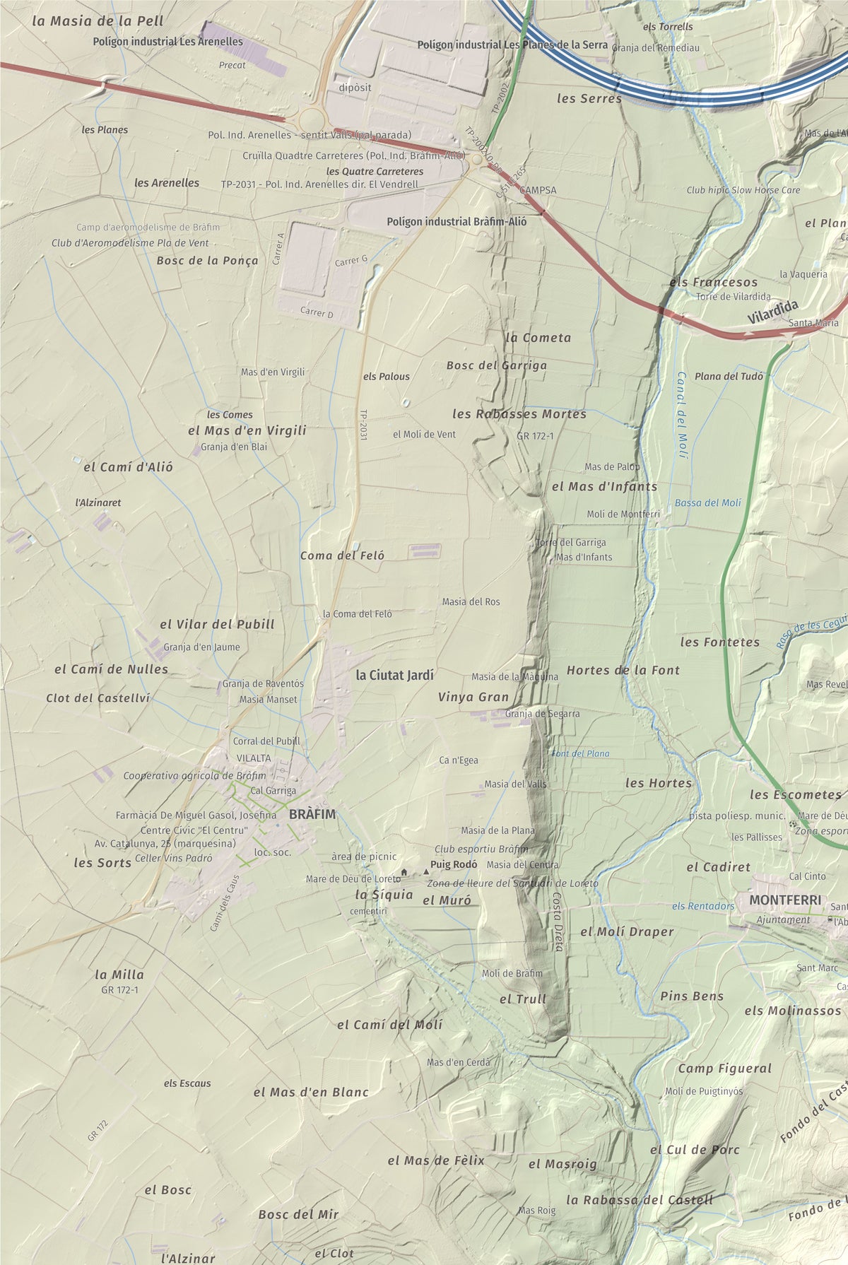 Mapa de relieve de Tossa Grossa de Montferri, 387 m, Alt Camp, lámina 100 Cims de Trobart. Detalle de la zona superior izquierda. 61 × 91 cm.