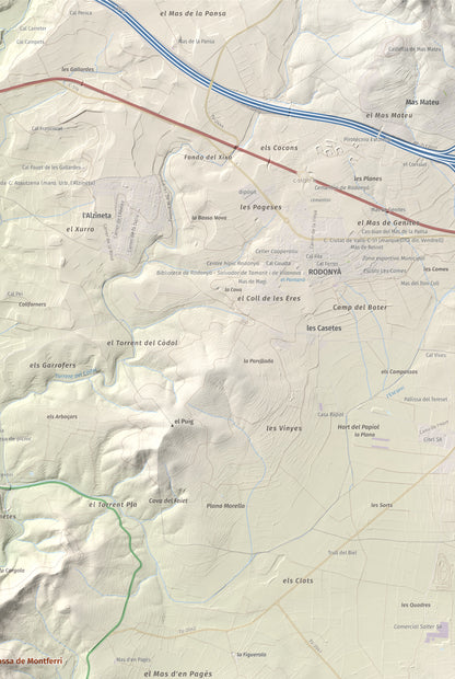 Mapa de relieve de Tossa Grossa de Montferri, 387 m, Alt Camp, lámina 100 Cims de Trobart. Detalle de la zona superior derecha. 61 × 91 cm.
