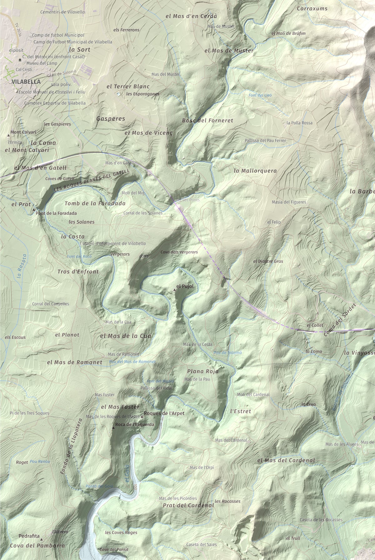 Mapa de relieve de Tossa Grossa de Montferri, 387 m, Alt Camp, lámina 100 Cims de Trobart. Detalle de la zona inferior izquierda. 61 × 91 cm.