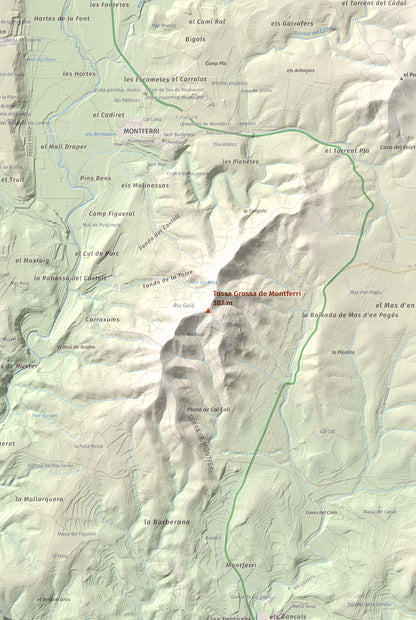 Mapa de relieve de Tossa Grossa de Montferri, 387 m, Alt Camp, lámina 100 Cims de Trobart. Detalle de la zona central. 61 × 91 cm.