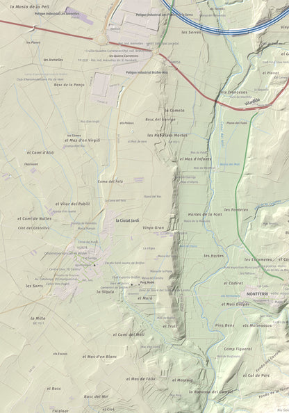 Mapa de relieve de Tossa Grossa de Montferri, 387 m, Alt Camp, lámina 100 Cims de Trobart. Detalle de la zona superior izquierda. 70 × 100 cm.