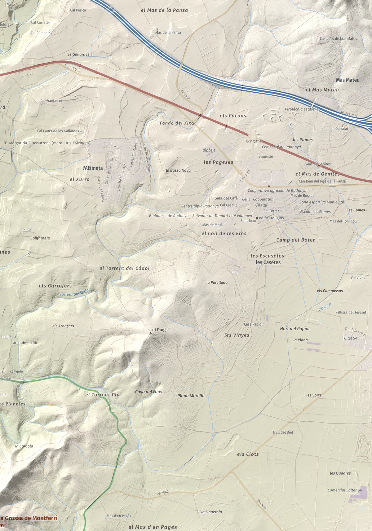Mapa de relieve de Tossa Grossa de Montferri, 387 m, Alt Camp, lámina 100 Cims de Trobart. Detalle de la zona superior derecha. 70 × 100 cm.