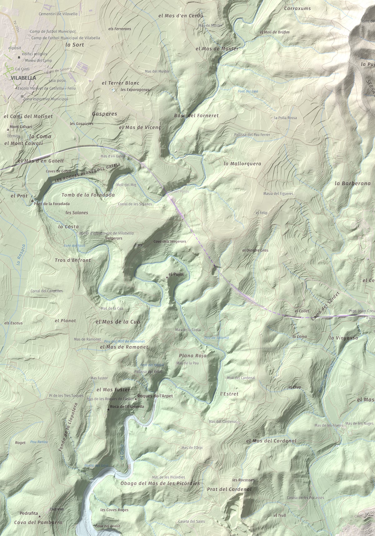 Mapa de relieve de Tossa Grossa de Montferri, 387 m, Alt Camp, lámina 100 Cims de Trobart. Detalle de la zona inferior izquierda. 70 × 100 cm.
