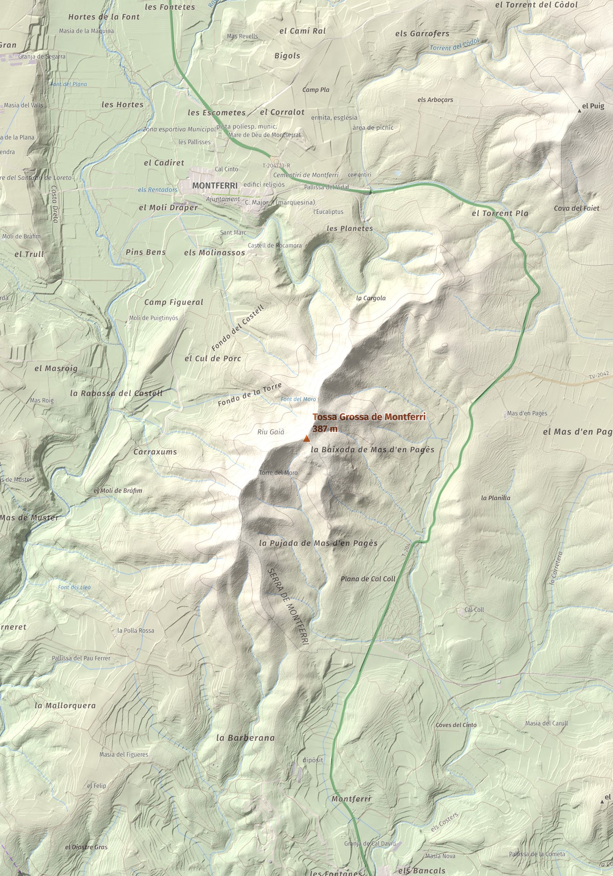 Mapa de relieve de Tossa Grossa de Montferri, 387 m, Alt Camp, lámina 100 Cims de Trobart. Detalle de la zona central. 70 × 100 cm.