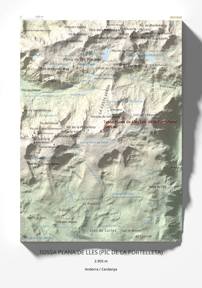 Mapa de relieve de Tossa Plana de Lles (pic de la Portelleta), 2905 m, Andorra · Cerdanya, lámina 100 Cims de Trobart 21 × 30 cm.