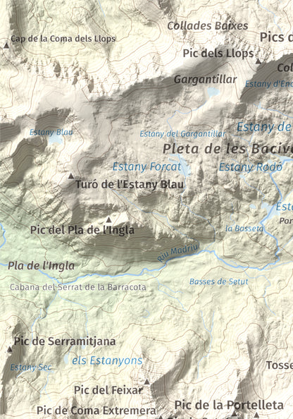 Mapa de relieve de Tossa Plana de Lles (pic de la Portelleta), 2905 m, Andorra · Cerdanya, lámina 100 Cims de Trobart. Detalle de la zona superior izquierda. 21 × 30 cm.