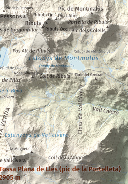 Mapa de relieve de Tossa Plana de Lles (pic de la Portelleta), 2905 m, Andorra · Cerdanya, lámina 100 Cims de Trobart. Detalle de la zona superior derecha. 21 × 30 cm.